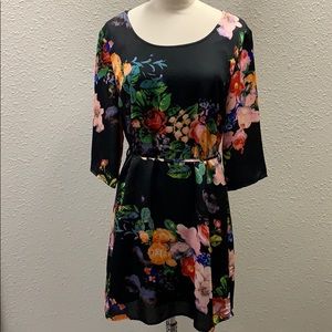 TULLE black floral satin 3/4 sleeve tie waist dress - size large